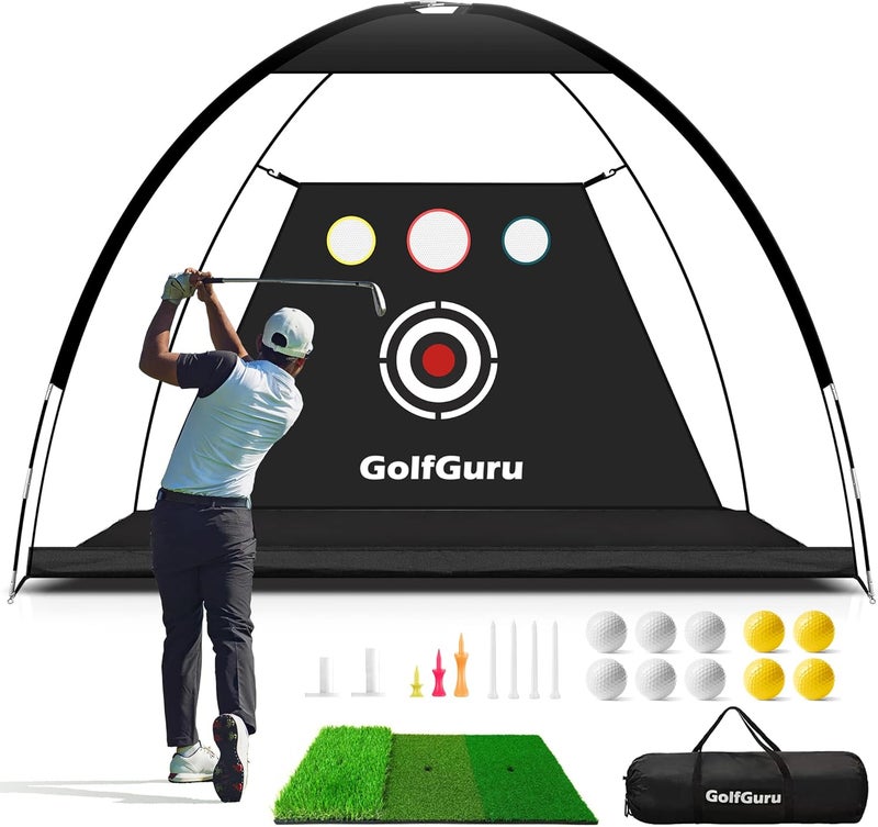 golfguru شبكة تدريب جولف شاملة - 10x7 قدم سجادة ثلاثية العشب، هدف تأثير، 10 كرات، 7 تيز، حقيبة حمل للقيادة والتشذيب في الفناء الخلفي، داخلي - Image 1